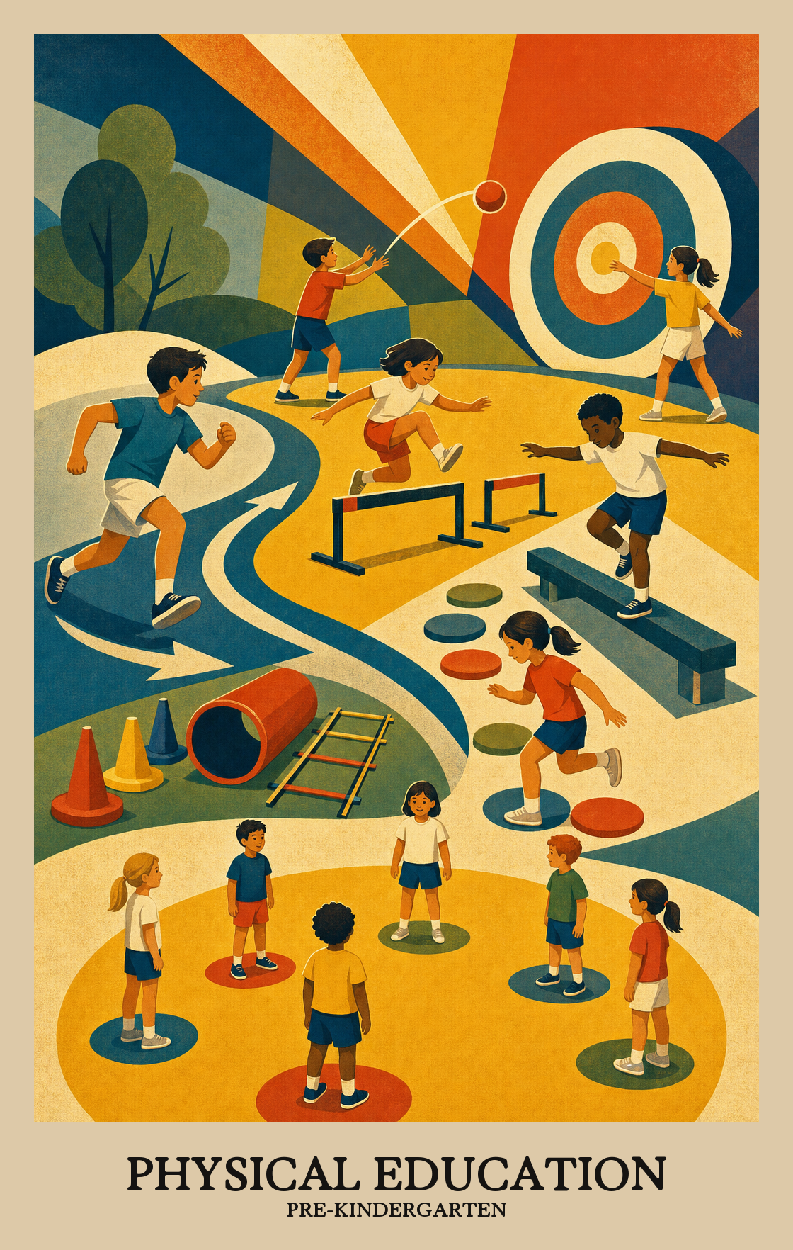 Illustration of what students learn in Pre-Kindergarten Physical Education