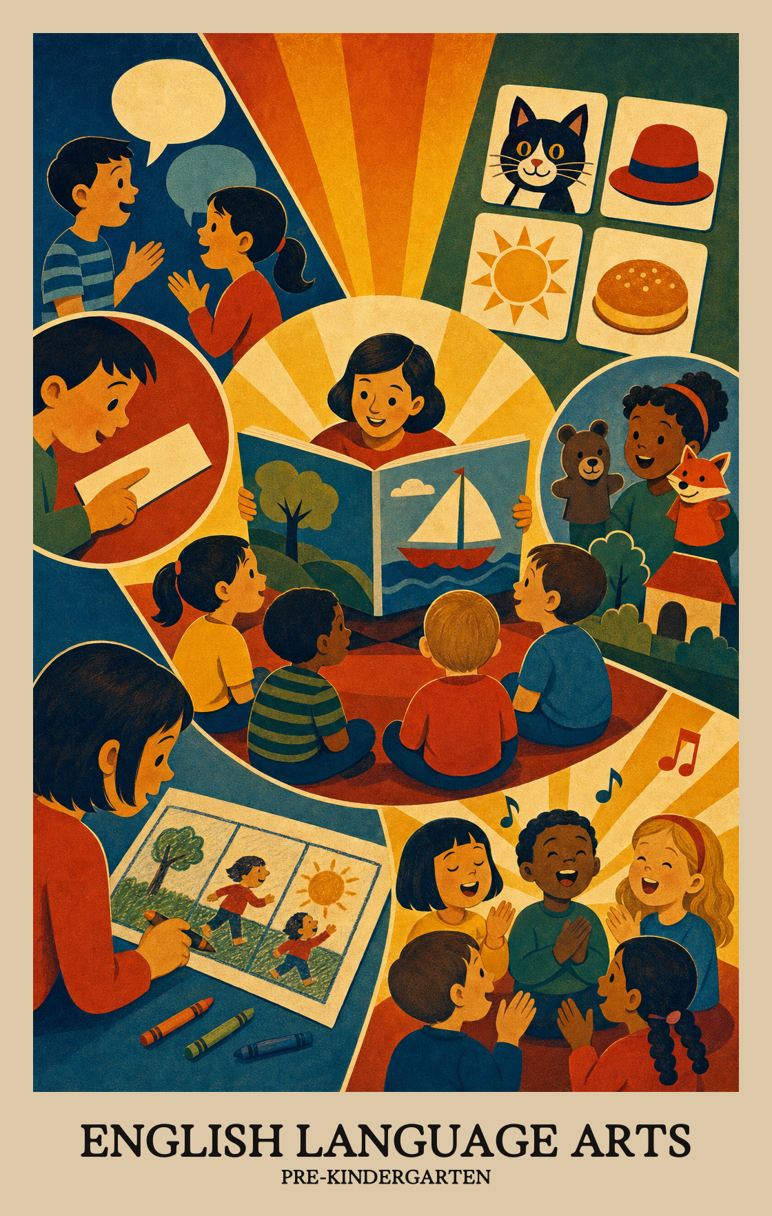 Illustration of what students learn in Pre-Kindergarten English Language Arts